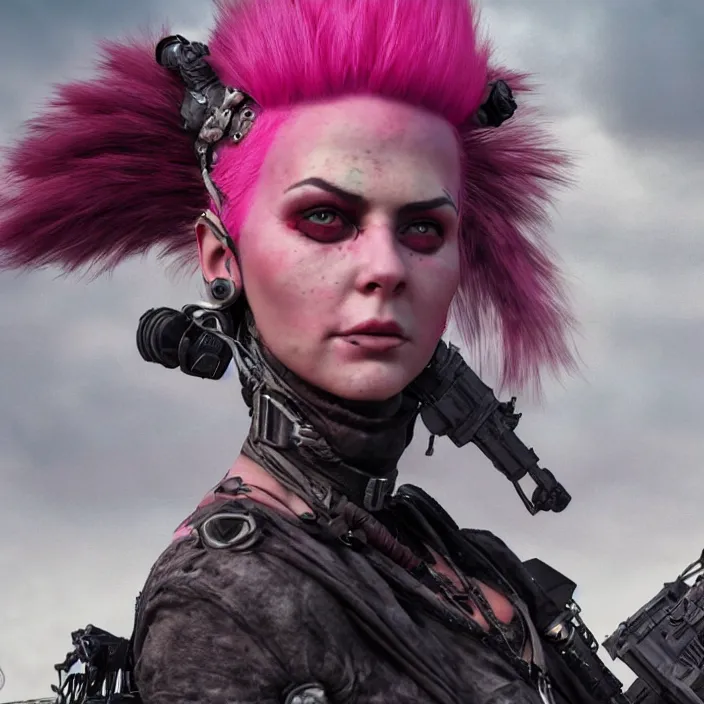 Prompt: beautiful apocalyptic woman with pink Mohawk, mad max panzer tank, 4k ultra hd, fantasy dark art, artstation, octane render