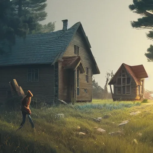 Image similar to woman leaving her wooden broken house by simon stålenhag, very highly detailed, award winning, rendered by Beeple, by Makoto Shinkai, syd meade, starwars, space art concept, digital art, unreal engine, blender, WLOP, trending on artstation, 4K UHD image, octane render