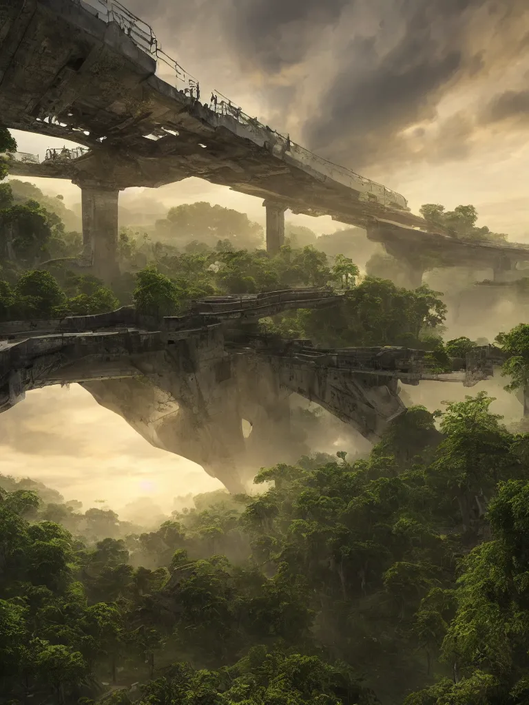 Prompt: a high magnificent broken bridge, surrounded by lush green vegetation, stunning volumetric lighting, sunset, solid concrete, stunning skies, trending on Artstation, 8k, photorealistic, hyper detailed, unreal engine 5, IMAX quality, cinematic, epic lighting, in the style of DOOM and Quake and Le Corbusier and Greg Rutkowski
