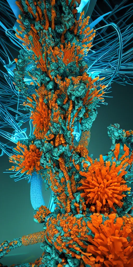 Prompt: 3 d photographic render of a deconstructed flower orange torii mandelbulb sculpture, green bioluminescent chrometype, made of liquid blue metal, neotribal with thorns and blue thunders, cyberpunk japanese temple, raytraced, hyper realistic, volumetric lightning, 8 k, by zhelong xu, ouchh and and innate studio