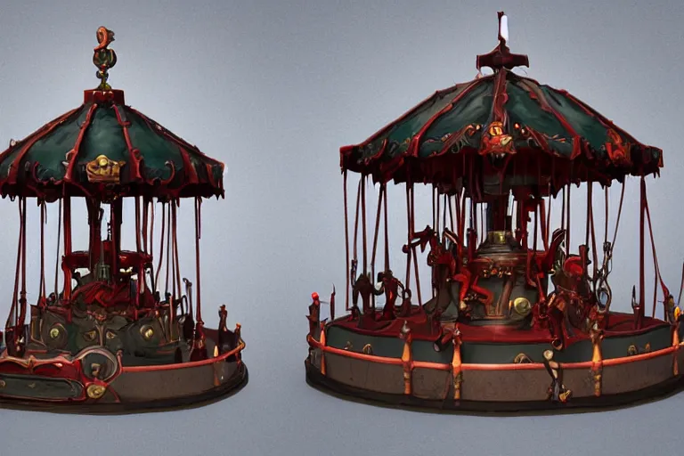 Image similar to 3d sculpt of an evil ironwork carousel, artstaton, League of Legends, red dead redemption2, overwatch, digital illustration