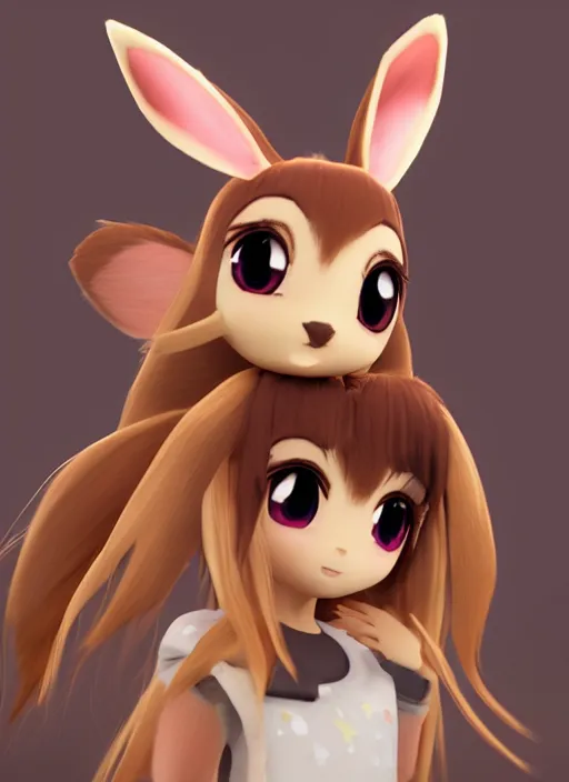 Image similar to female eevee mini cute girl, character adoptable, highly detailed, rendered, ray - tracing, cgi animated, 3 d demo reel avatar, style of maple story and zootopia, maple story eevee, fluffy, dark skin, cool clothes, soft shade, soft lighting