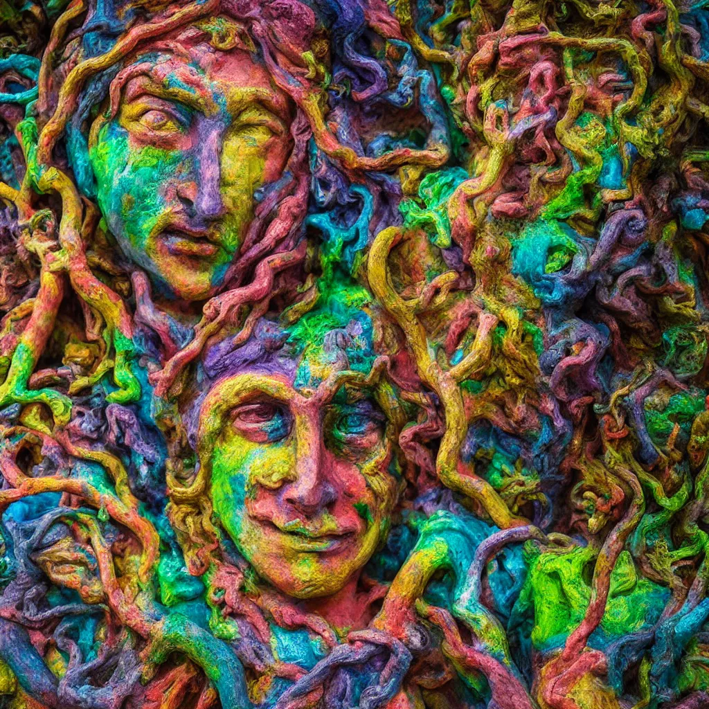 Prompt: detailed plasticine god in the garden of eden, sunlit, camera angled dramatically, psychedelic close up photograph, depth of field