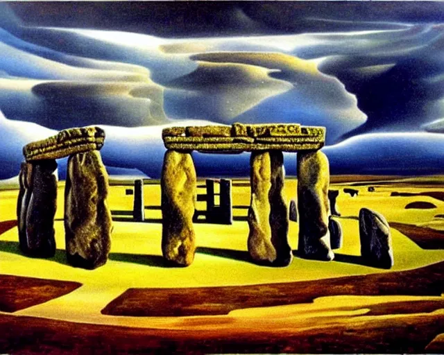 Image similar to painting of Stonehenge by Salvador Dali. several layers of perspective. Many points of view. mind bending illusions of perception