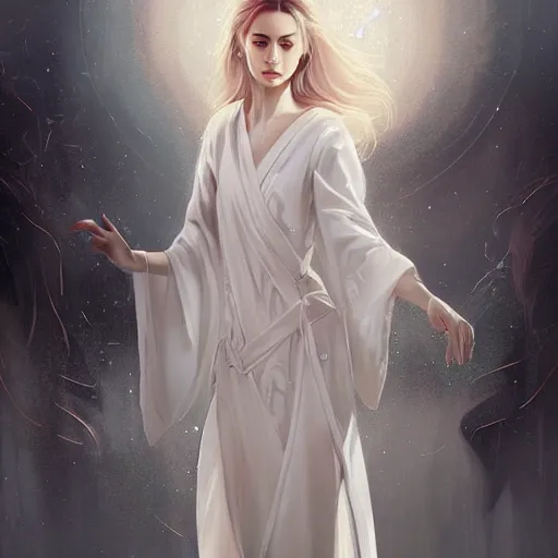 Prompt: Riley Reid, white daoist robes, beautiful, ethereal, digital painting, highly detailed, full body, by Charlie bowater