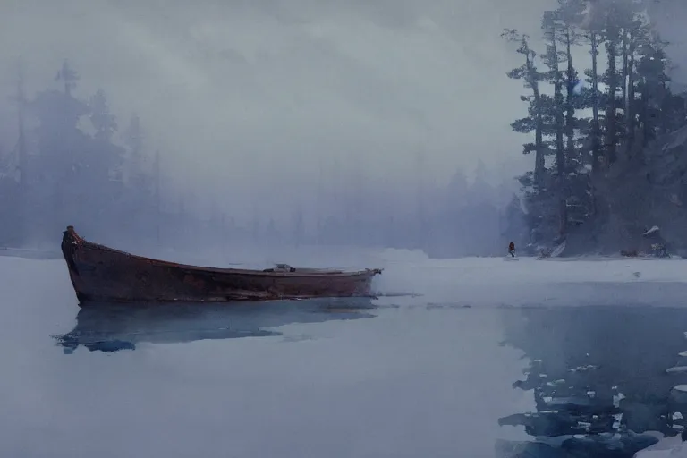 Prompt: watercolor painting of crystal clear ice lake, reflective, crisp winter, fog and snowing, ambient lighting, art by anders zorn and winslow homer, wonderful masterpiece by greg rutkowski, cinematic light, american romanticism by greg manchess, creation by tyler edlin