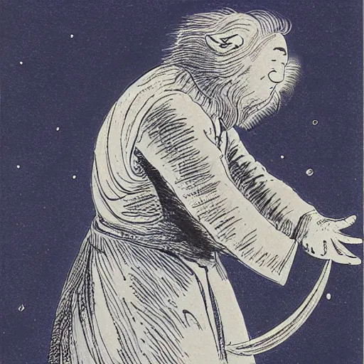 Image similar to dan morris celestial smiling talking moon portrait, side view, surrounded by clouds, illustrated by peggy fortnum and beatrix potter and sir john tenniel