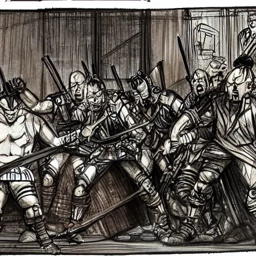 Image similar to highly detailed realistic sketch of The Hague members yelling at a cyborg samurai, fear and anger in their eyes, award winning , masterpiece on a scroll , post-processing