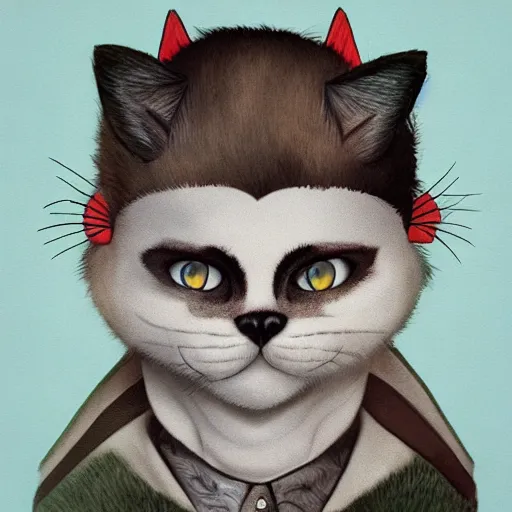 Image similar to anthropomorphic portrait man man wearing kitty cat costume cat-faced kitty cat furry calico juggalo man fuzzy ears eyes nose portrait ishbel myerscough