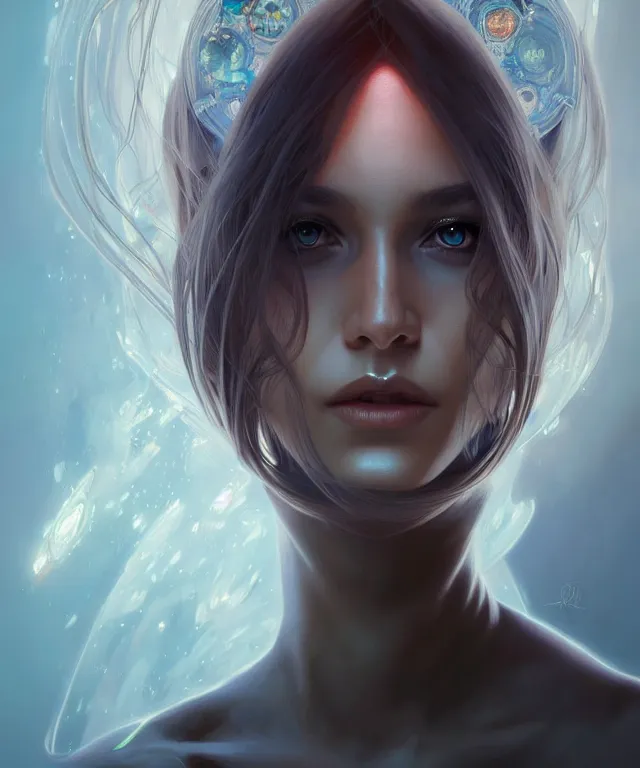 Image similar to futuristic woman portrait, sci-fi, amber eyes, face, long hair, fantasy, intricate, elegant, highly detailed, digital painting, artstation, concept art, smooth, sharp focus, illustration, art by artgerm and greg rutkowski and alphonse mucha