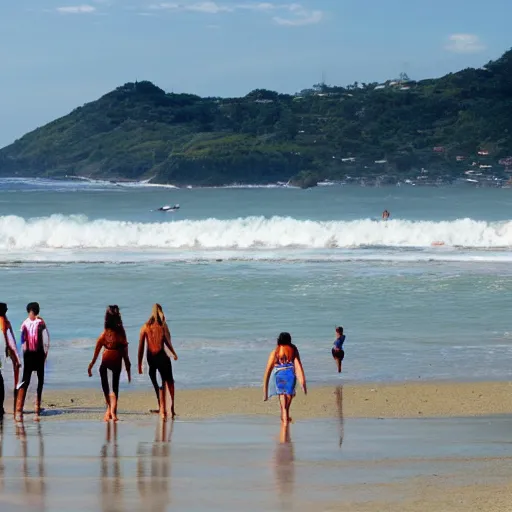 Prompt: guaruja scene view majestic ocean with surfers and nice girls with bikine on the beach of tombo