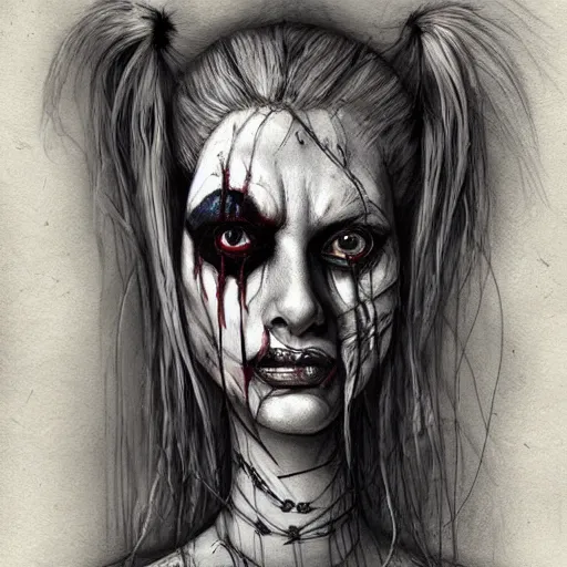 Image similar to surrealism grunge cartoon portrait sketch of Harley Quinn, by michael karcz, loony toons style, freddy krueger style, horror theme, detailed, elegant, intricate