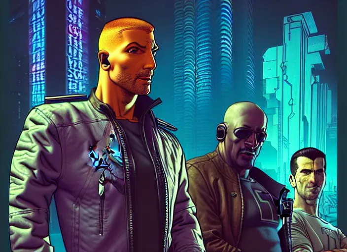 Image similar to cyberpunk tough guys. portrait by stonehouse and mœbius and will eisner and gil elvgren and pixar. character design. realistic proportions. cyberpunk 2 0 7 7 character art, blade runner 2 0 4 9 concept art. cel shading. attractive face. thick lines. the team. diverse characters. artstationhq.