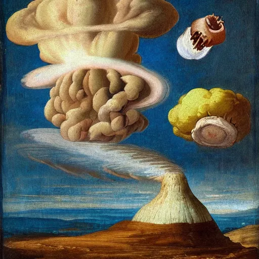 Image similar to renaissance painting of atom bomb mushroom cloud