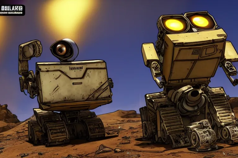 Image similar to wall - e in borderlands style game, heavy detailed, ultra high definition quality, borderlands game engine graphics