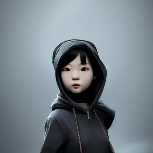 Image similar to chinese girl with black hoodie. insanely detailed. by wlop, ilya kuvshinov, krenz cushart, greg rutkowski, pixiv. zbrush sculpt, octane, maya, houdini, vfx. close - up cinematic dramatic atmosphere, sharp focus, volumetric lighting.