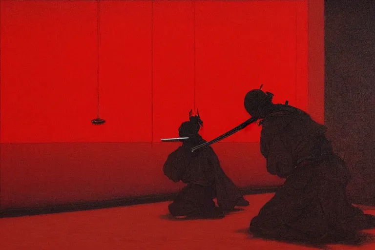 Image similar to only with red, a red samurai harakiri, tokio, a lot of frogs watch, in the style of beksinski, parts by edward hopper, parts by rodcenko, parts by yue minjun, intricate and epic composition, red by caravaggio, insanely quality, highly detailed, masterpiece, red light, artstation, 4 k