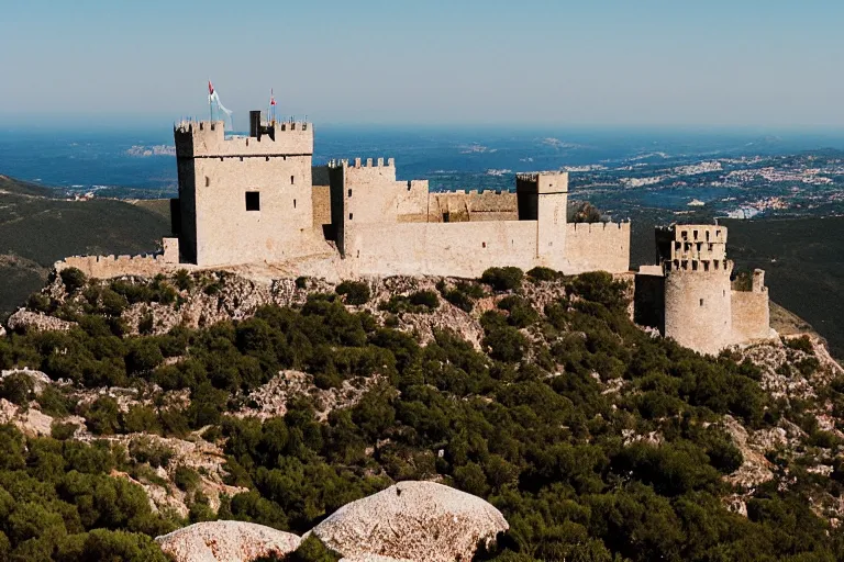 Image similar to 35mm photo of the Spanish castle of Salobrena on the top of a large rocky hill overlooking a white Mediterranean town by June Sun