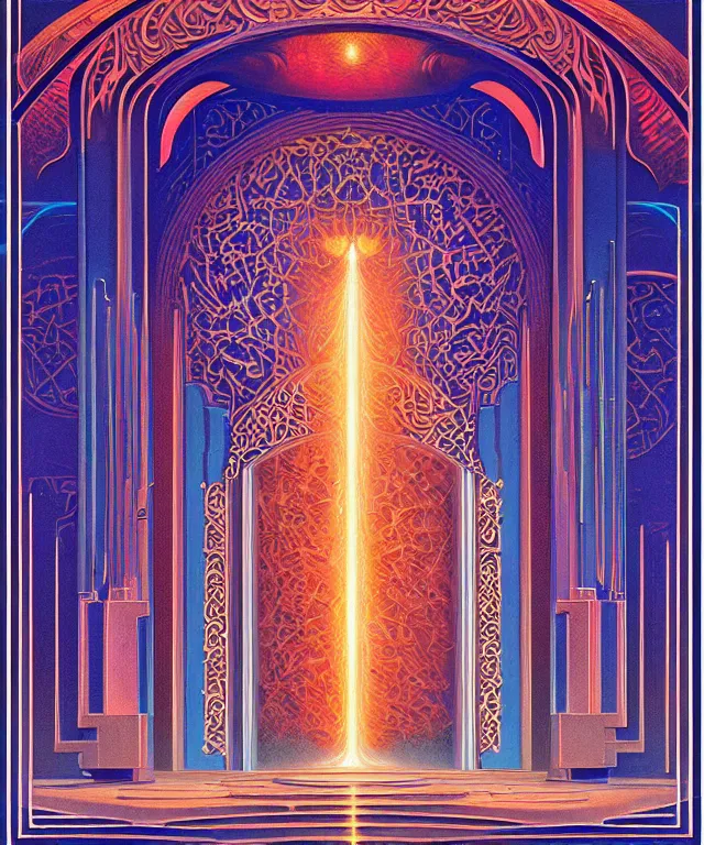 Prompt: the gates of heaven, beautiful delicacy, glowing portal, flowing arab art deco nouveau brutalist architecture, repeating patterns, tim hildebrandt, wayne barlowe, bruce pennington, donato giancola, trending on artstation, cinematic composition, beautiful lighting, hyper detailed, 8 k, oil on canvas