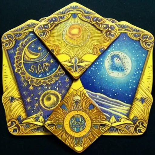 Prompt: sun and moon tarot card, extremely detailed, golden ornament, stunning