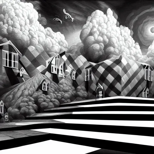 Image similar to A black and white freemasonic chequered surrealist digital painting of a stairway to into the clouds in the art style of jeff koons, Gilbert williams, Edwin Frederic Church and Christopher Balaskas, trending on artstation, 4k UHD