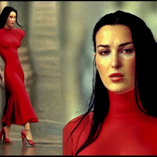 Prompt: realistic portrait of young Monica Bellucci wearing a red dress in the movie The Matrix,