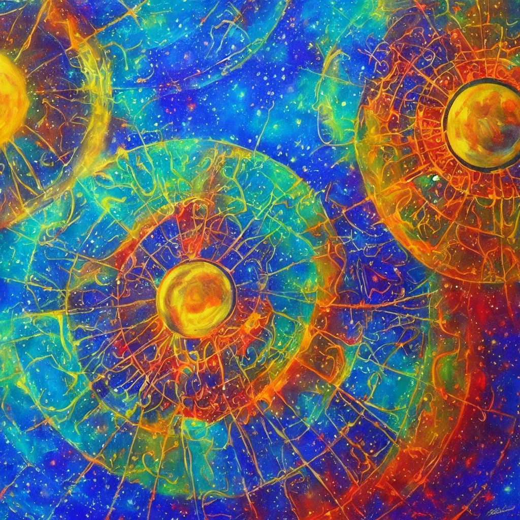 Prompt: great wheel cosmology divine dimensions heavenly and infernal essence lunar mythos solar mythos, award winning painting, brilliant color palette