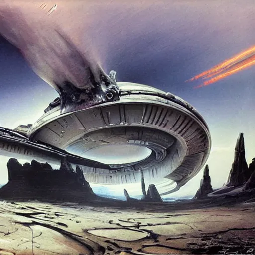 Prompt: crashed alien space ship on a desolate rocky world, sci fi concept art by H.R Giger