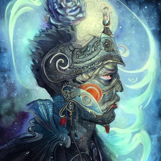 Image similar to a WLOP painting of Very very very very highly detailed mystic, enigmatic, strange portrait of a phantom warrior with galaxy, tattoos by Anton Pieck, intricate, extremely detailed, digital painting, artstation, concept art, smooth, sharp focus, illustration, intimidating lighting, incredible art,