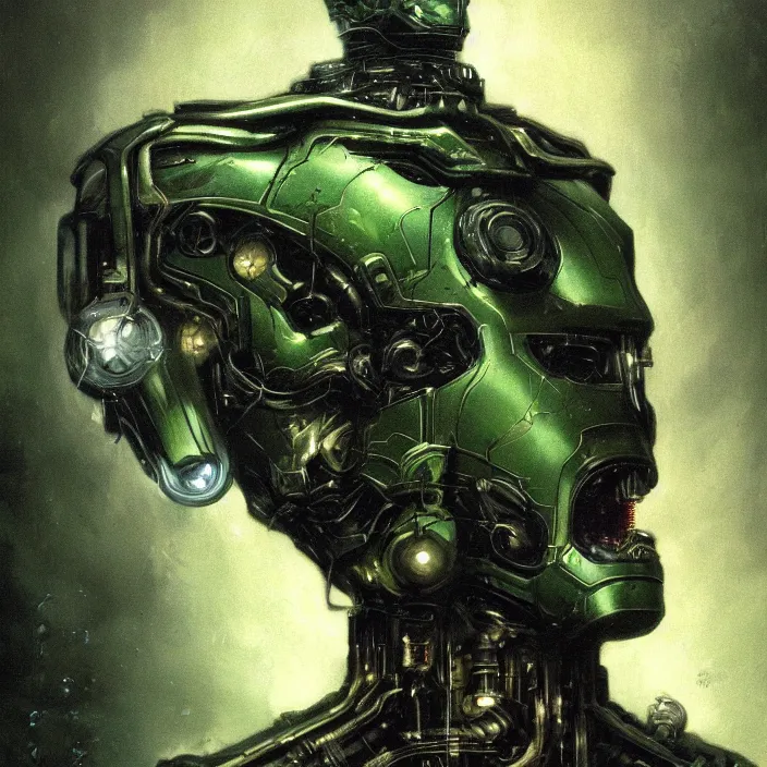 Image similar to portrait of a green Ultron from Age of Ultron, clockwork steampunk, head and chest only, by Beksinski, 4k, deviantart, trending on artstation