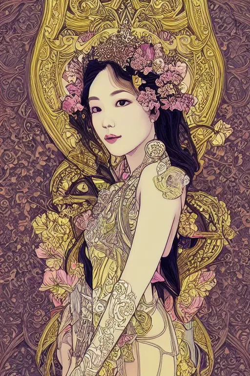 Image similar to beautiful and detailed digital illustration of thai princess by kittichai rueangchaichan, floralpunk, Artstation, art nouveau aesthetic, Alphonse Mucha background, intricate details,concept art, realistic, dramatic, detailed intricate ink illustration, heavenly atmosphere