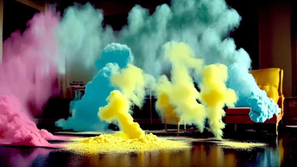 Image similar to colored powder explosion in the living room, film still from the movie directed by Denis Villeneuve with art direction by Salvador Dalí, wide lens