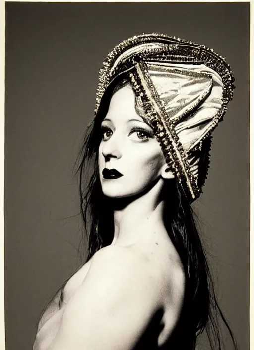 Image similar to portrait of young woman in renaissance dress and renaissance headdress, art by helmut newton