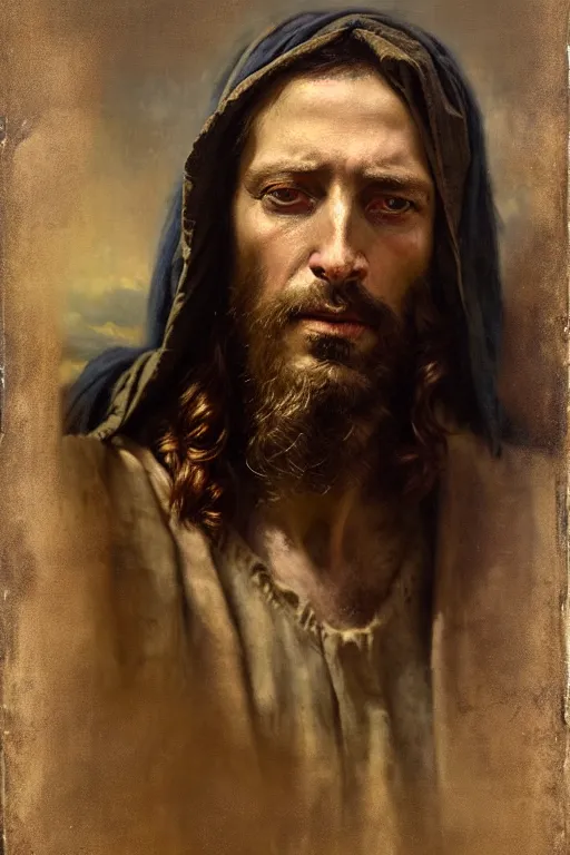 Image similar to photograph imax and solomon joseph solomon and richard schmid and jeremy lipking victorian loose genre loose painting full length portrait painting of jesus