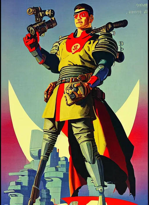 Image similar to soviet propaganda poster. cyberpunk samurai. portrait by jean giraud and anton otto fischer and john philip falter and will eisner and gil elvgren and pixar. realistic proportions. character art. science fiction d & d. tf 2, overwatch, rb 6 s, cyberpunk 2 0 7 7, blade runner 2 0 4 9.