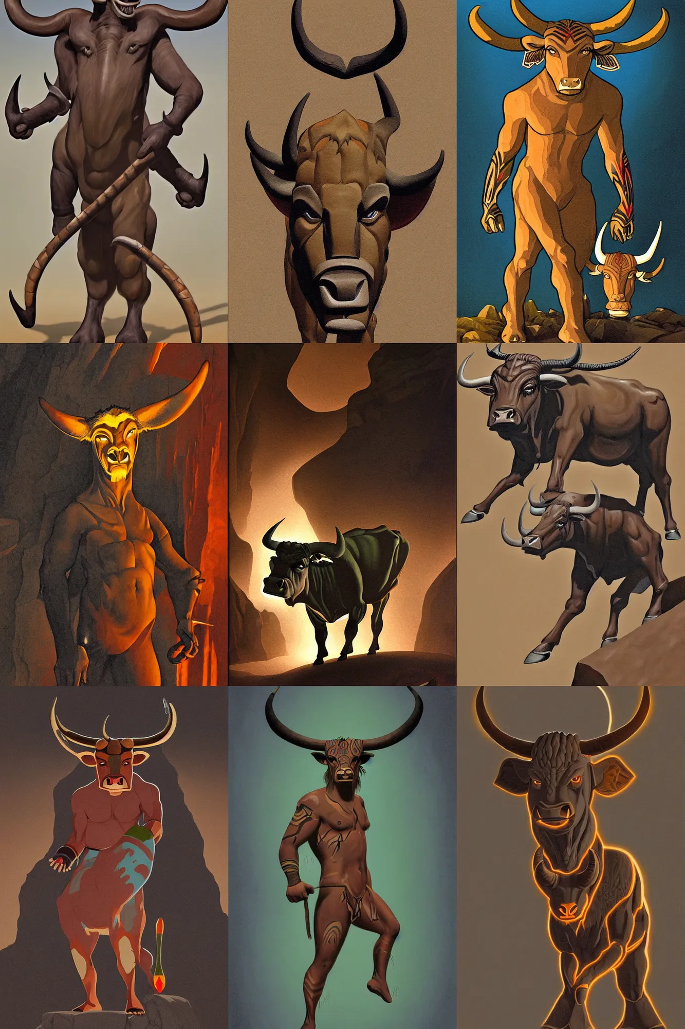 Prompt: midjourney art style art deco shaded painted full body illustration of a male minotaur with glowing tribal skin markings in a dark cave environment with a bovine head, painterly, detailed by ralph mcquarrie