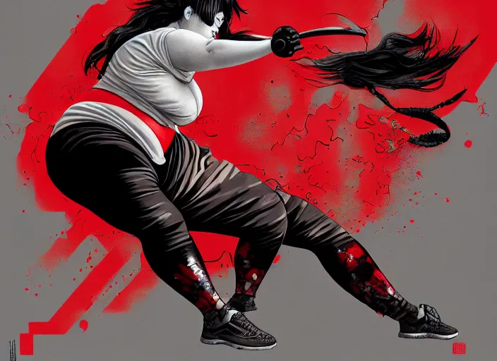 Image similar to duotone red gray illustration 3 / 4 portrait of fat woman fighting bruce lee style. dynamic chaotic composition random golden renaissance proportion. by takato yamamoto, sachin teng, sergei wheelsov, ruan jia and heng z. graffiti art, scifi, sci - fi, hyper detail. octane rendering. concept art. trend on artstation