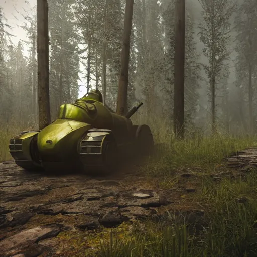 Image similar to T-45 power armor stands against the background of a radioactive forest, graphics, fallout 4 render, 3d computer render, maximum details, rain, night, spotlight,