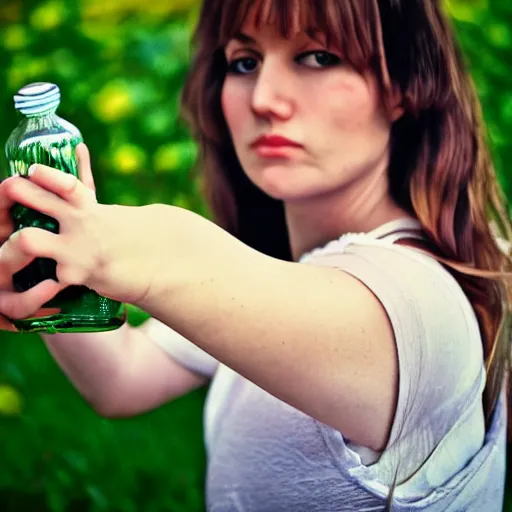 Image similar to lomo photograph, intricate detail, hyper detail, woman, very tired, full body potrait holding bottle, hazel green eyes, realistic, highlydetailed, natural, masterpiece, sharp focus,