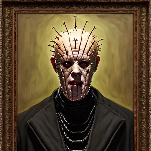 Prompt: portrait of pinhead from hellraiser. demonic cenobite. oil painting by lucian freud. path traced, highly detailed, high quality, j. c. leyendecker, drew struzan tomasz alen kopera, peter mohrbacher, donato giancola