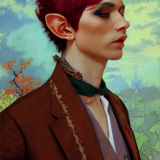 Image similar to a beautiful and androgynous half - elf with medium skin tone and messy short red hair and copper eyes with slit pupils, dressed in a colorful jodhpuri suit, dnd character, golden aura, realistic portrait by ross tran and gerald brom and kehinde wiley and fernando amorsolo and alphonse mucha, trending on artstation