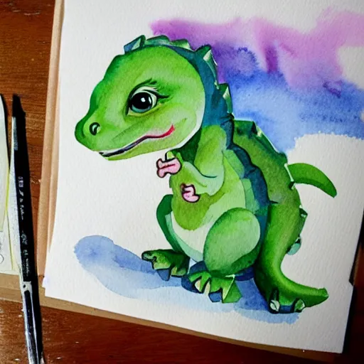 Prompt: cute watercolour of a baby dinosaur