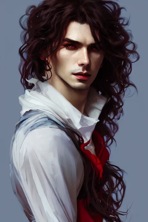 Image similar to portrait of a beautiful young fit male vampire with long curly hairs, dressed with expensive clothes, by greg rutkowski and alphonse mucha, d & d character, gradient white to red, modern nocturnal background, highly detailed portrait, digital painting, artstation, concept art, smooth, sharp focus ilustration, artstation hq