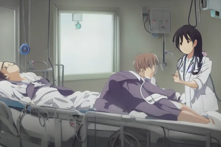 Image similar to a cute and beautiful young female doctor wearing white coat are taking care of a patient on a bed in a hospital ward, slice of life anime, anime scenery by Makoto shinkai