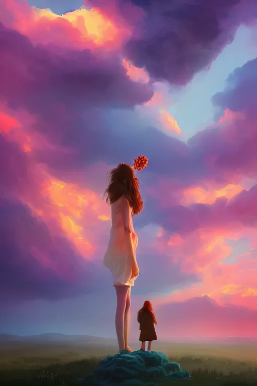 Image similar to closeup giant dahlia flower over the face, girl standing on mountain, surreal photography, blue storm clouds, dramatic light, impressionist painting, digital painting, artstation, simon stalenhag