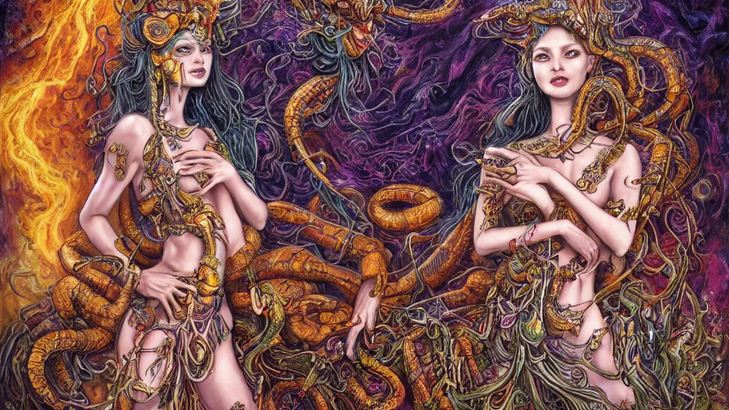 Image similar to portrait of a scorpion goddess, full body shot, rule of thirds, wide angle, amazing landscape in background, fantasy, whimsical, horror, art by chengwei pan and josephine wall and amanda sage, intricately detailed, highly detailed, luxurious, elegant, clean, unsettling, trending on artstation