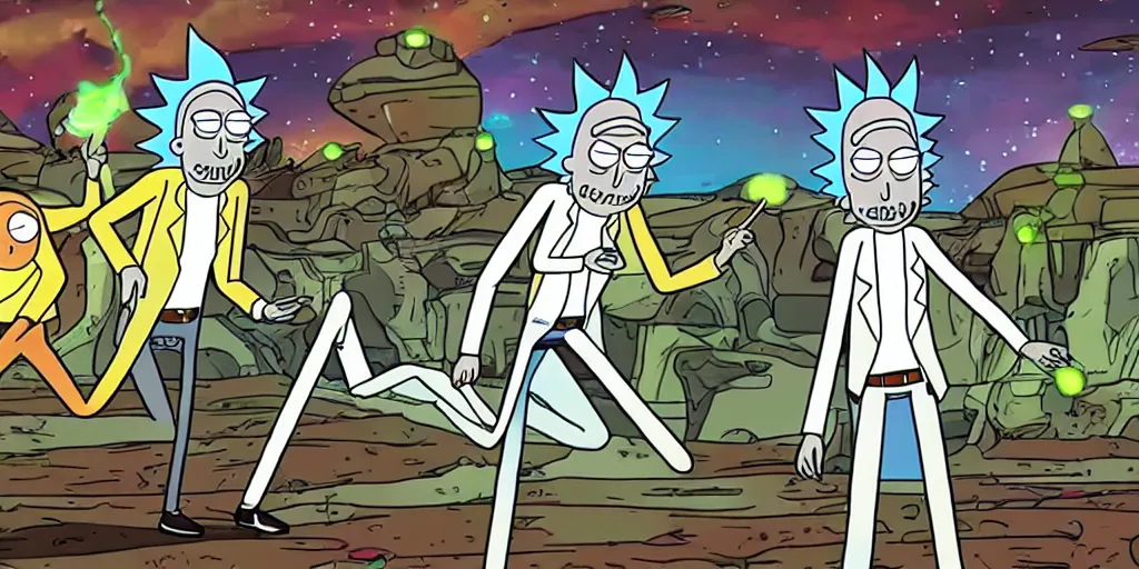 Prompt: rick and morty adventure, battling aliens