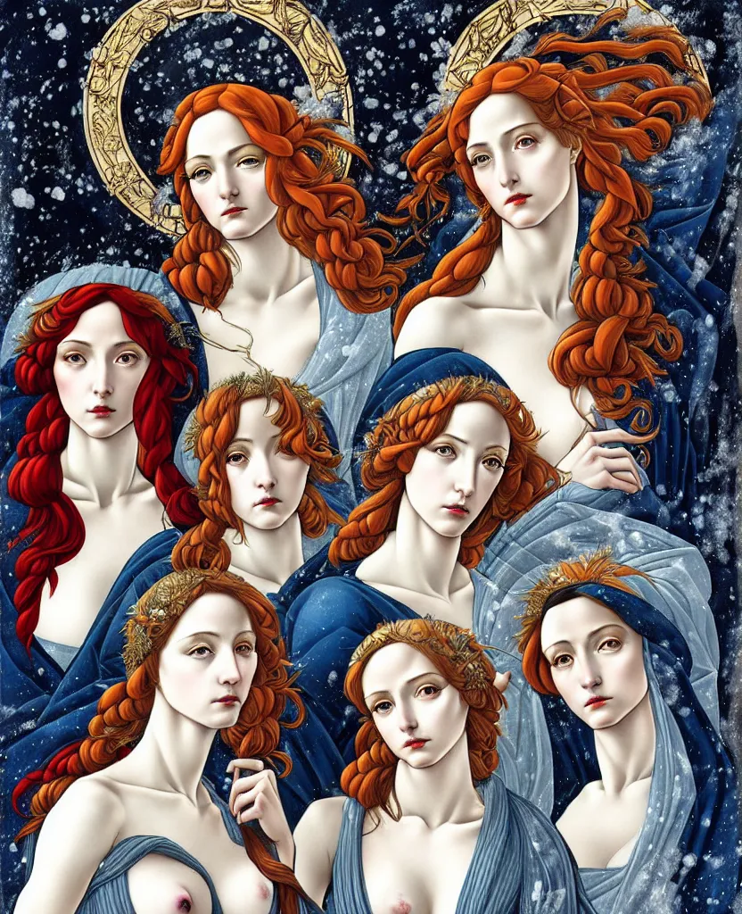 Image similar to the 3 Goddesses of Winter, in a mixed style of Botticelli and Æon Flux, inspired by pre-raphaelite paintings and shoujo manga, surrounded by a harsh icy winter landscape, hyper detailed, stunning inking lines, flat colors, 4K photorealistic