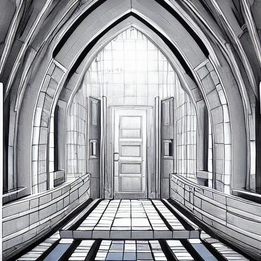 Prompt: “the inside of a huge white building with with many doors and stairs, confusing, clean geometric shapes, creepy, doors, strange dimensions, anime style, detailed background, horror anime”