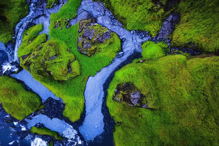 Image similar to drone shot photo of a landscape with mountains, waterfalls, wallpaper, very very wide shot, blue glacier, iceland, new zeeland, green flush moss, national geographic, award landscape photography, professional landscape photography, sunny, day time, beautiful